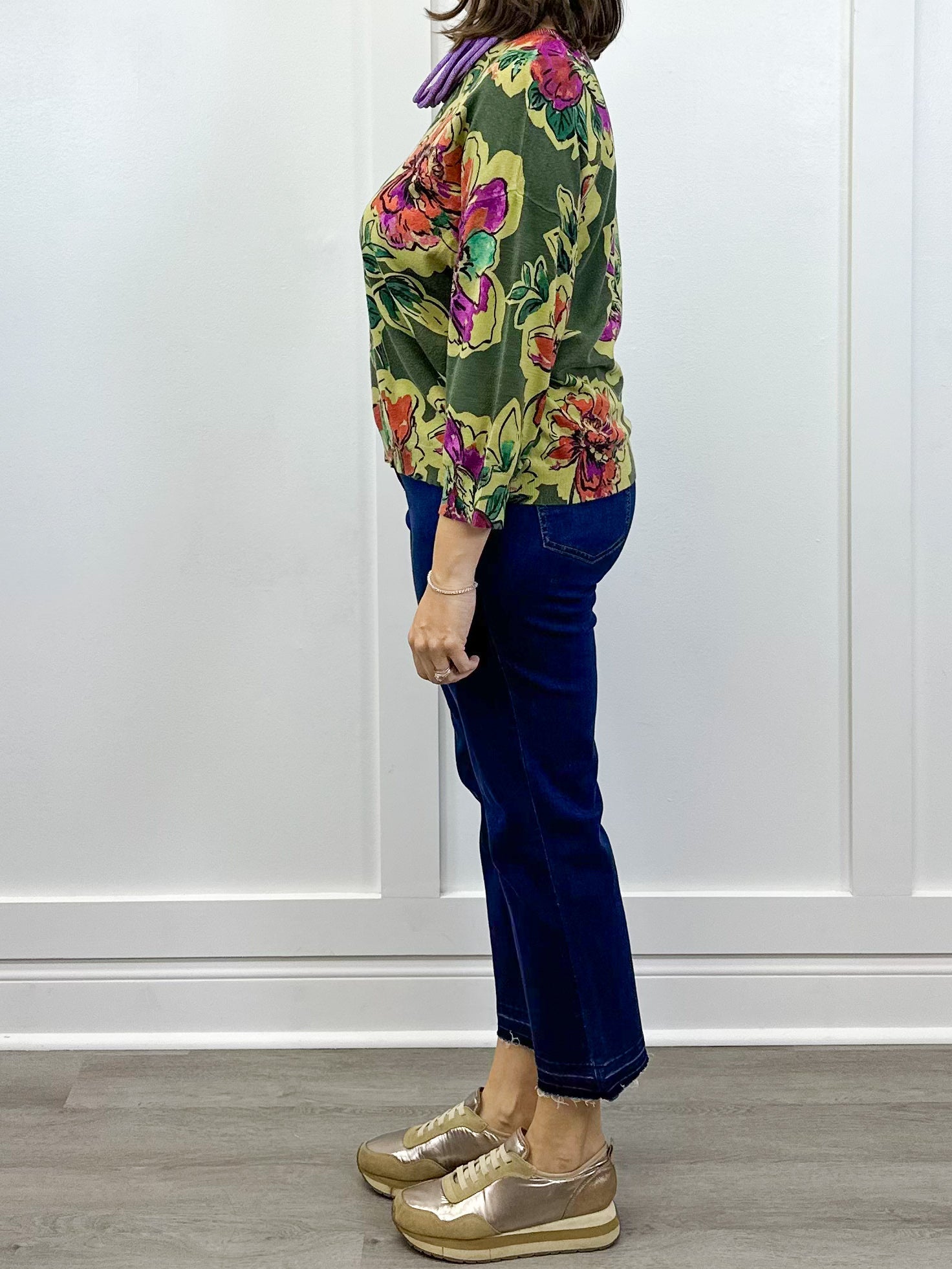 Soft Yarn Three Quarter Sleeve Crewneck Sweater - Chive Sweaters Tribal