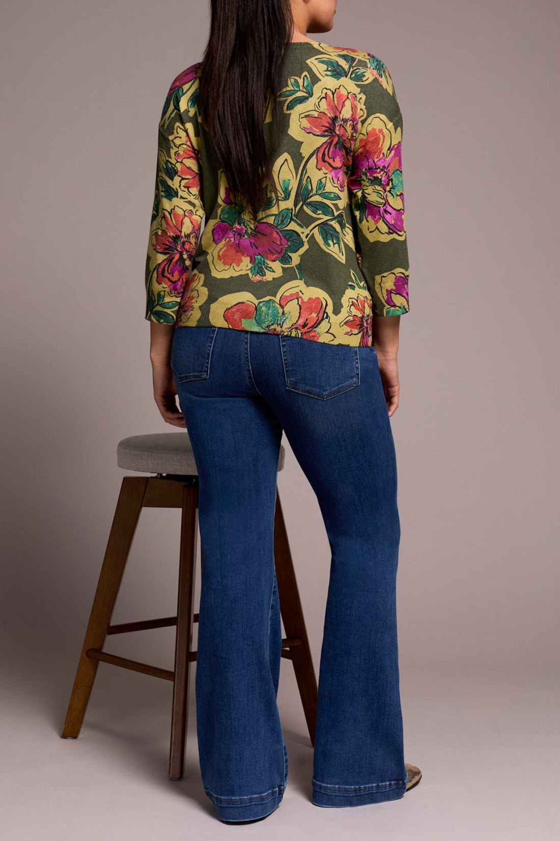 Soft Yarn Three Quarter Sleeve Crewneck Sweater - Chive Sweaters Tribal