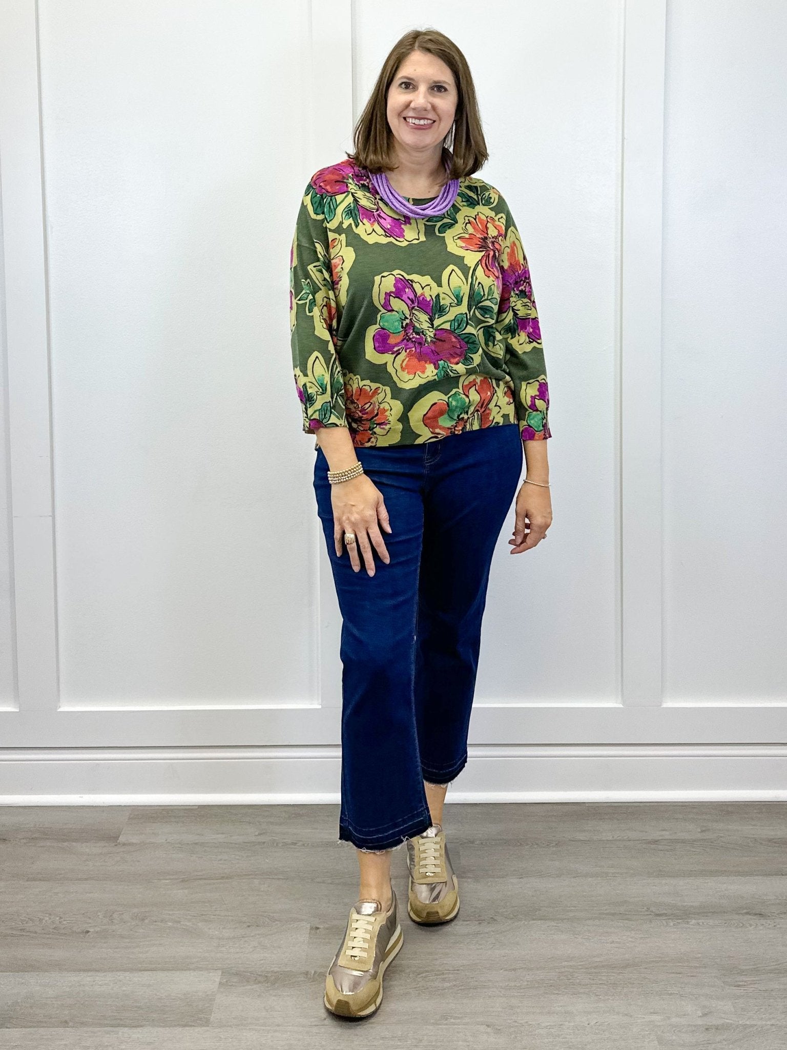 Soft Yarn Three Quarter Sleeve Crewneck Sweater - Chive Sweaters Tribal