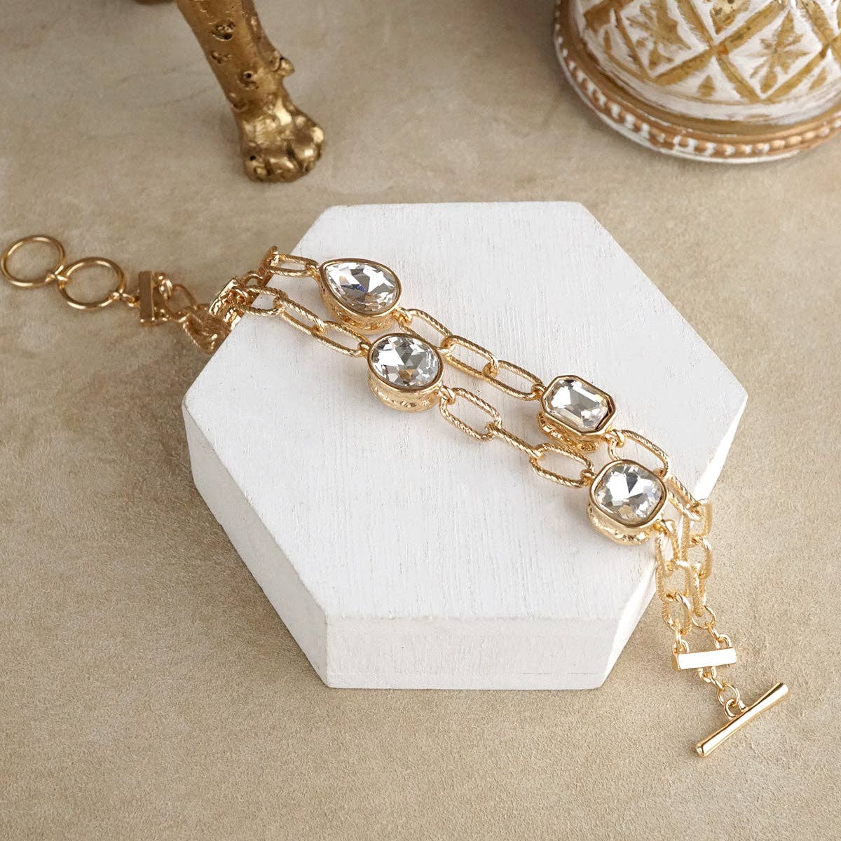 Statement Chain Bracelet with Reflective Crystals: Double Strand - Clear Crystal Bracelets PennyLine inc