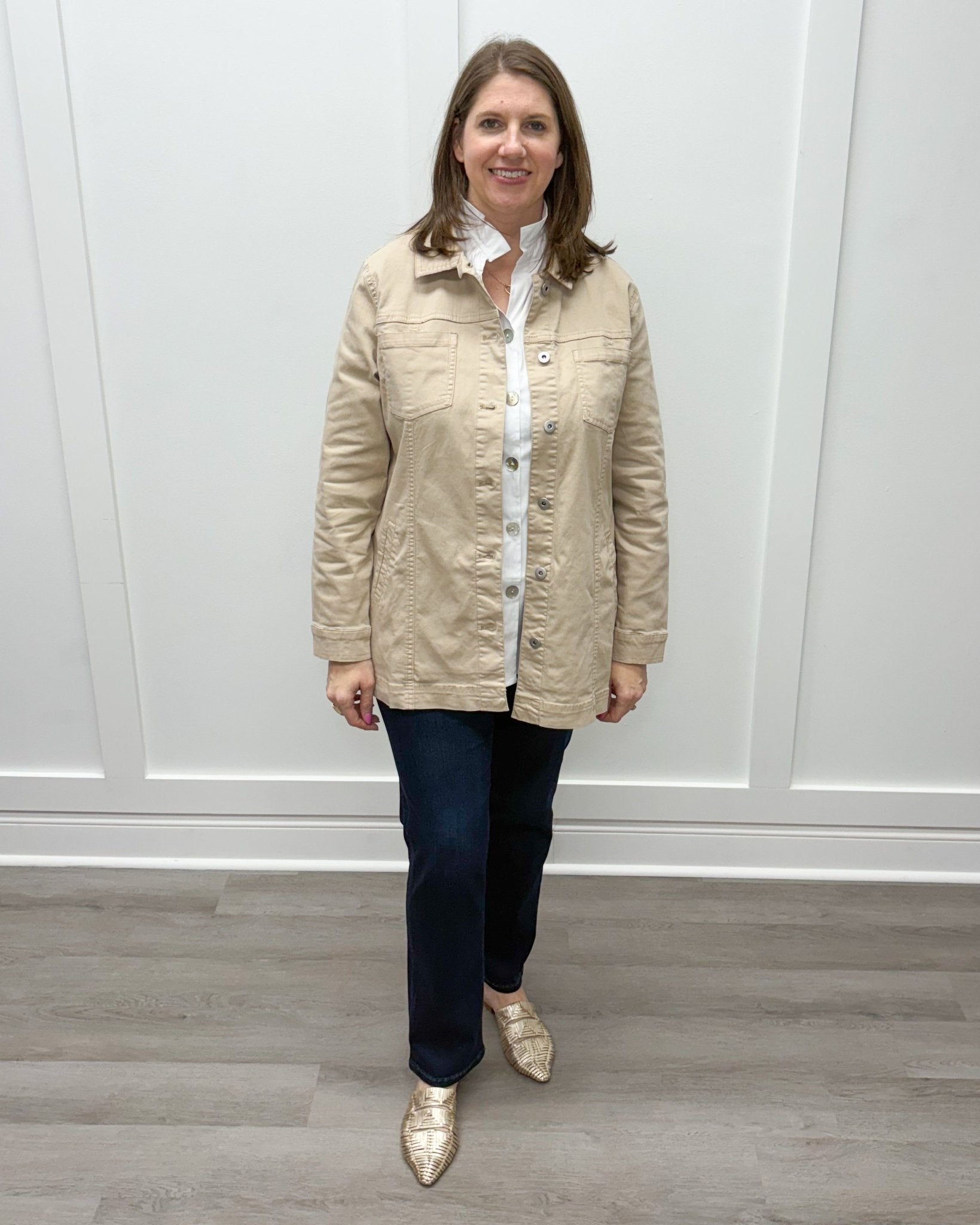 Stretch Denim Boyfriend Jacket - Oatmeal Outerwear Habitat