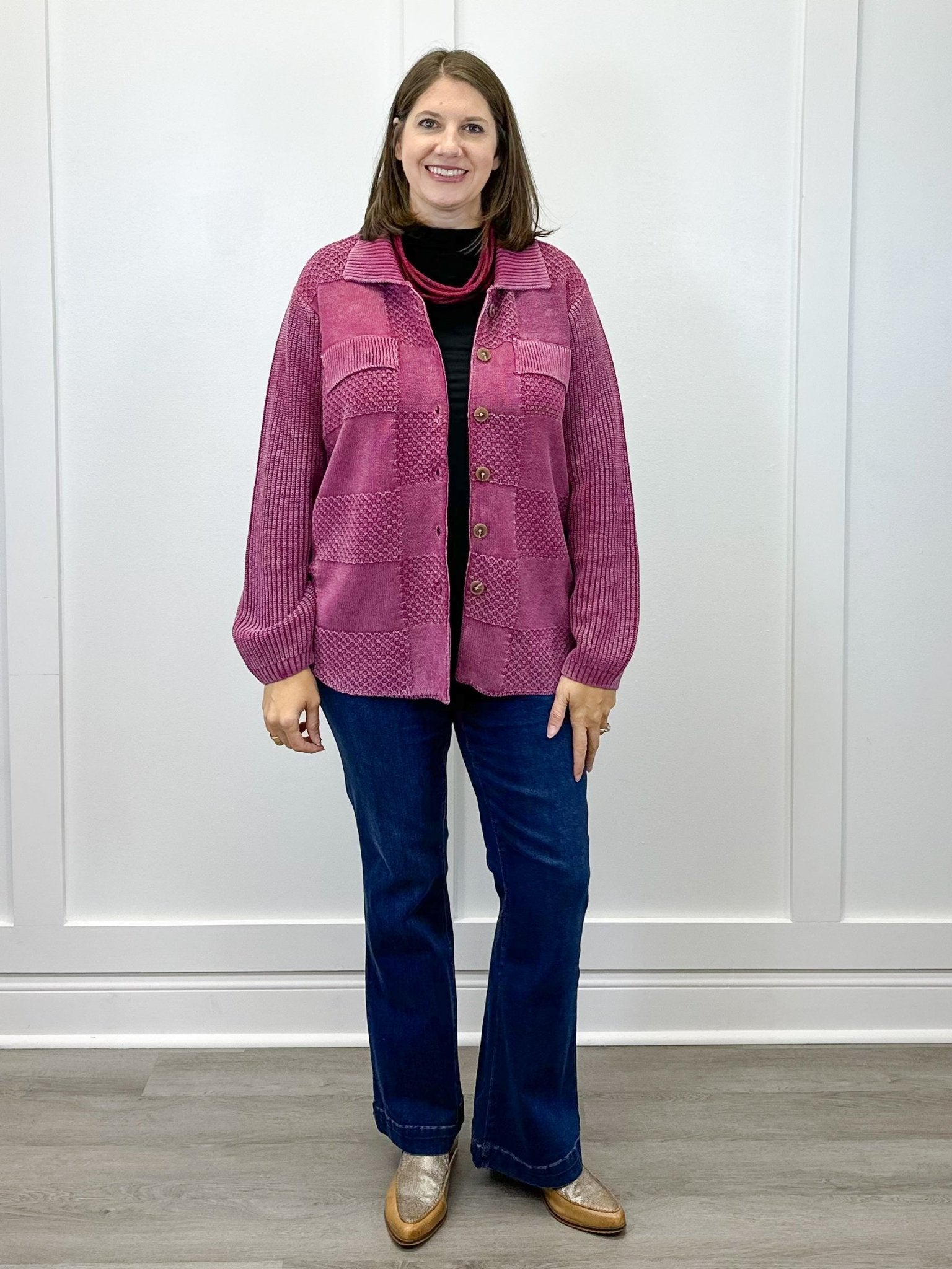 Sweater Shacket w/ Special Wash Effect - Plum Wine Sweaters Tribal