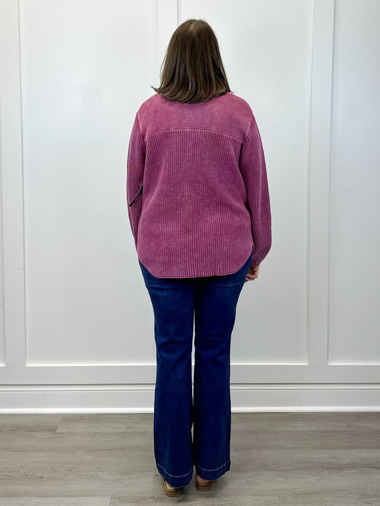 Sweater Shacket w/ Special Wash Effect - Plum Wine Sweaters Tribal