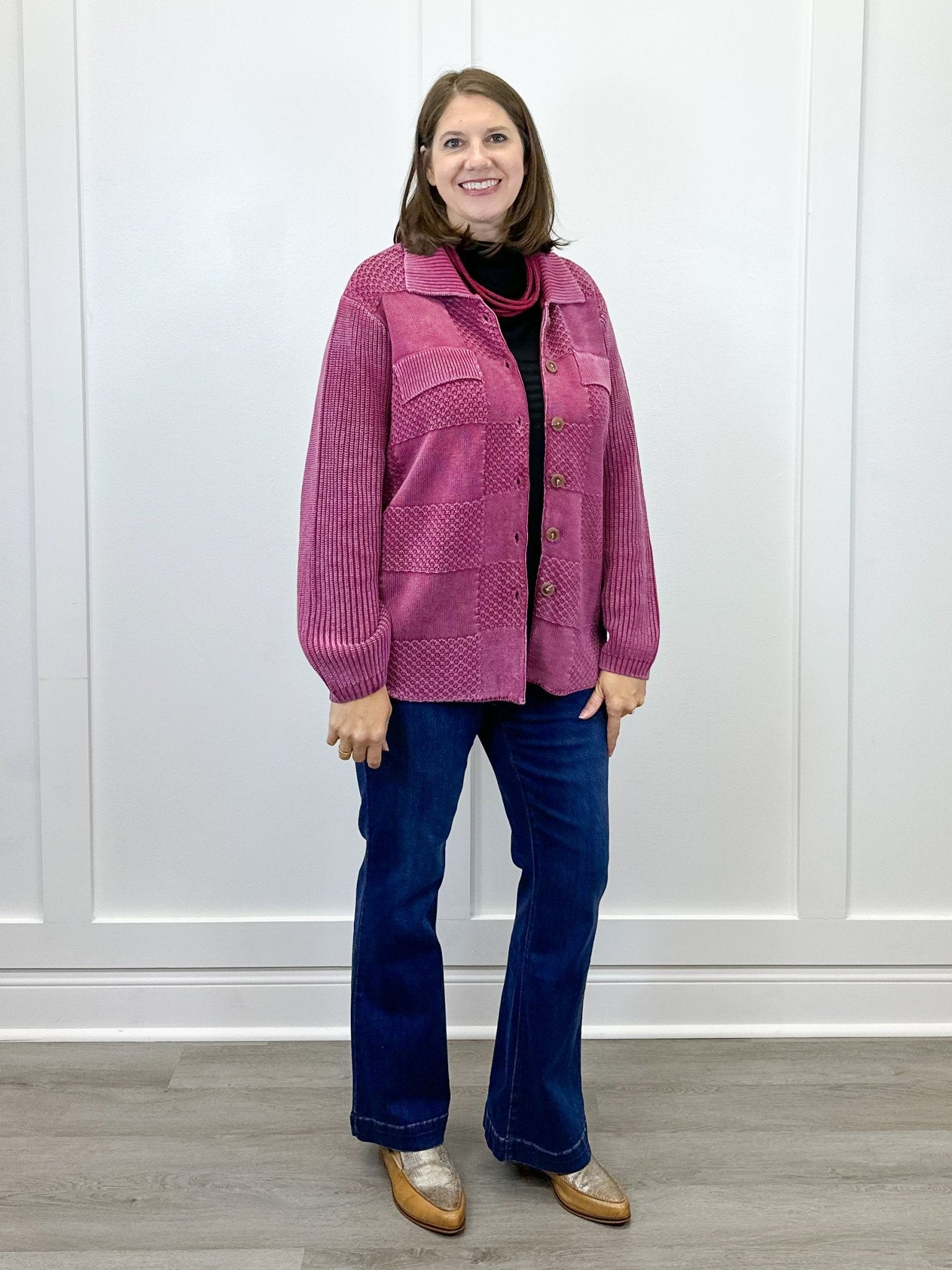Sweater Shacket w/ Special Wash Effect - Plum Wine Sweaters Tribal