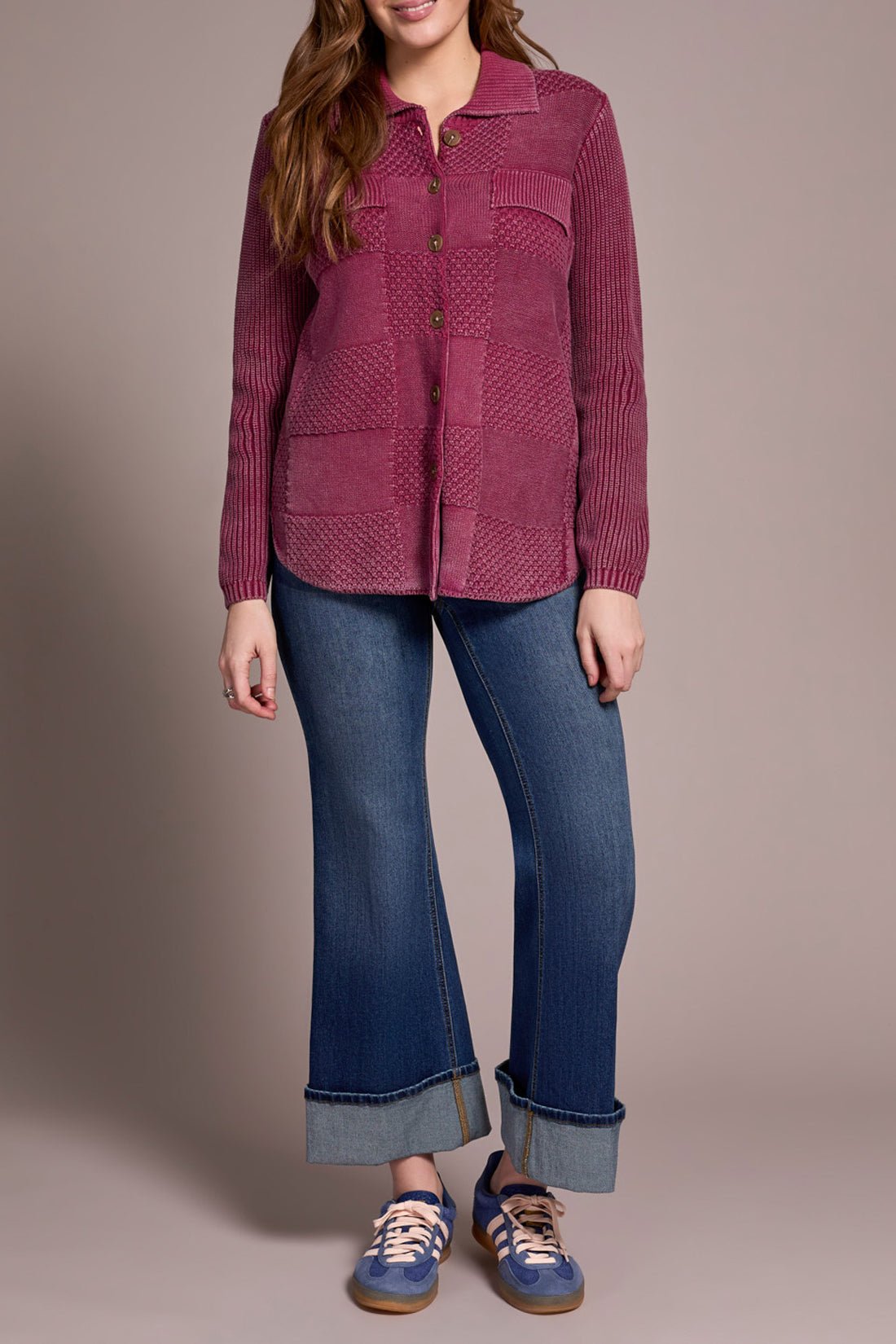 Sweater Shacket w/ Special Wash Effect - Plum Wine Sweaters Tribal