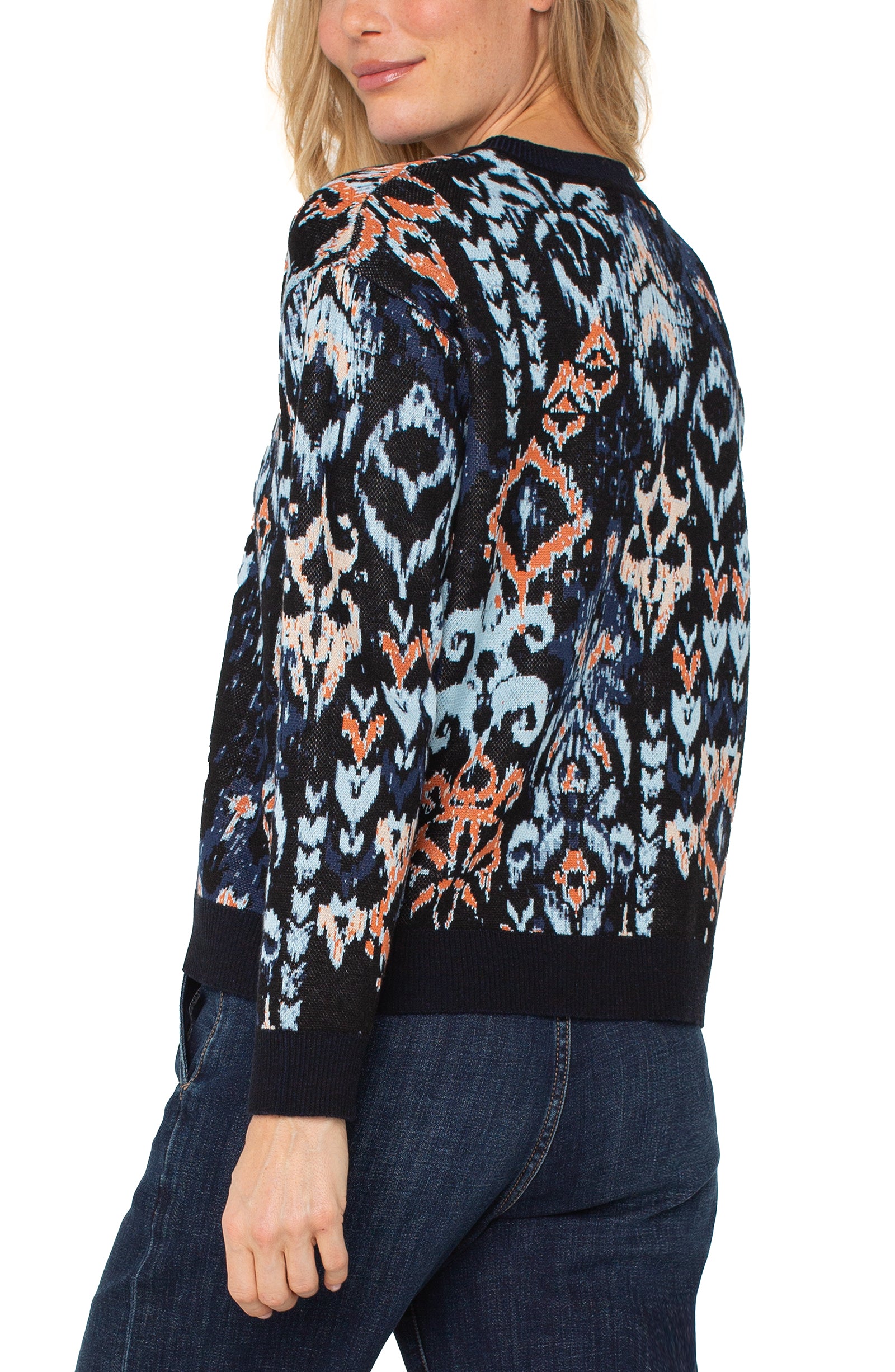 L/S Crewneck Dropped Shoulder Jacquard Sweater - Blue Multi Ikat Sweaters Liverpool