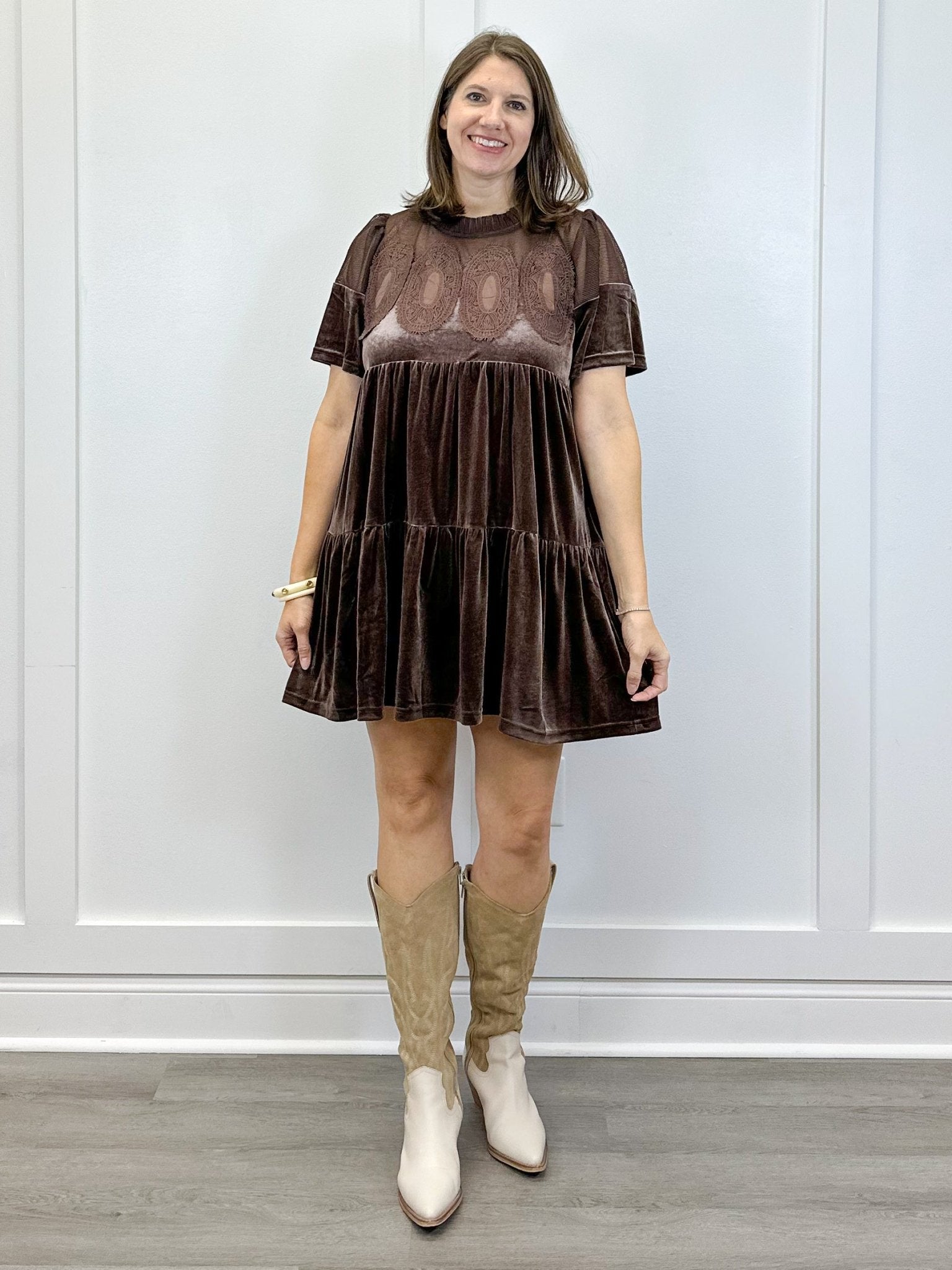 Velvet & Lace Dress - Chocolate Brown Short Dresses FATE