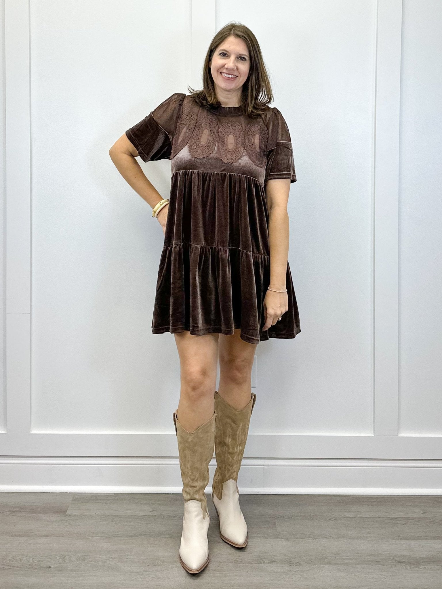 Velvet & Lace Dress - Chocolate Brown Short Dresses FATE