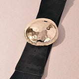 Wide Elastic Waist Belt with Hammered Round Buckle - Black Misc Accessories ANB Fashion