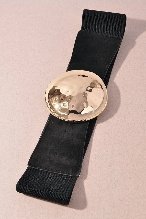 Wide Elastic Waist Belt with Hammered Round Buckle - Black Misc Accessories ANB Fashion