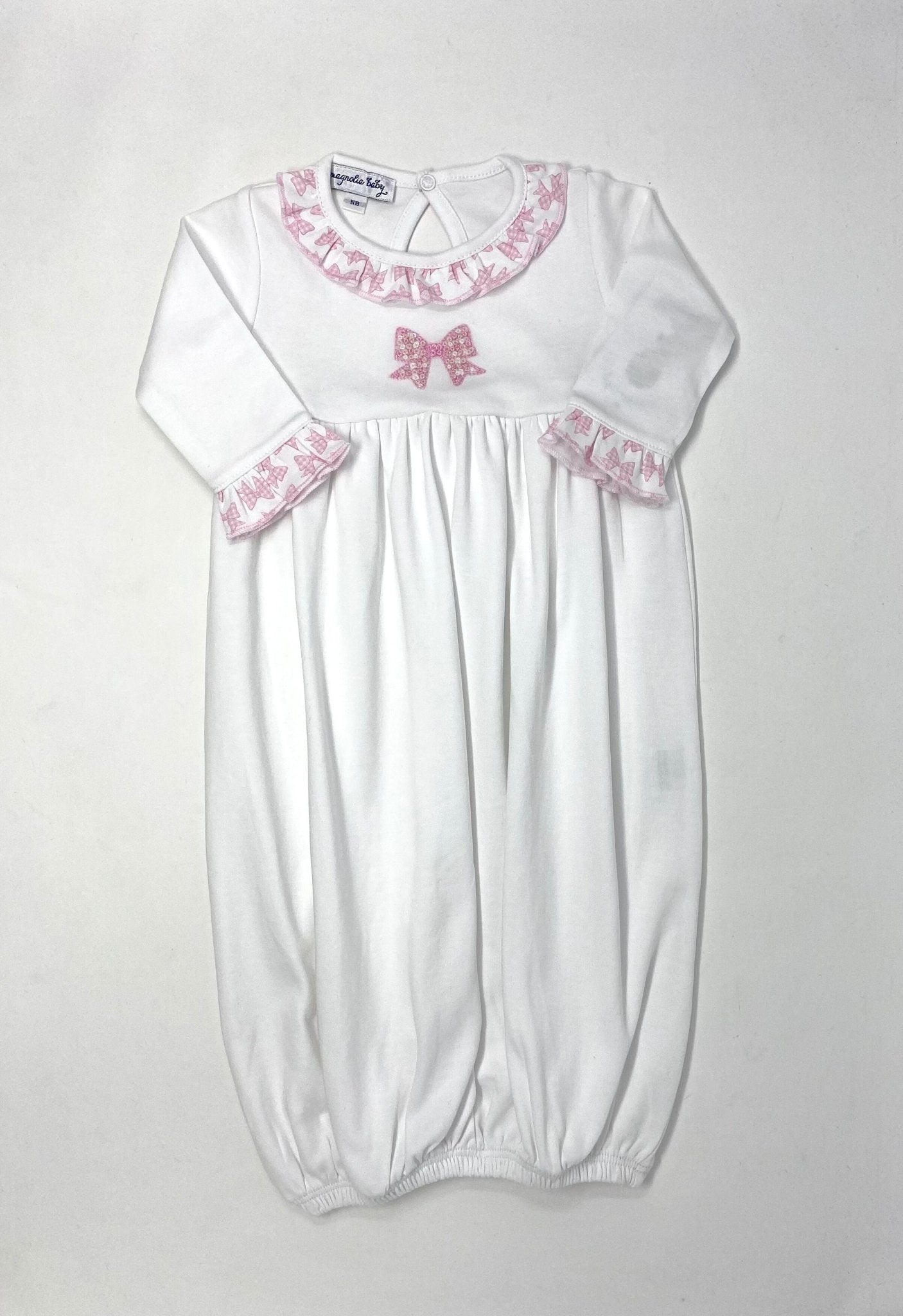 Gingham Bow Embroidered Ruffle Gathered Gown Baby Sleepwear Magnolia Baby
