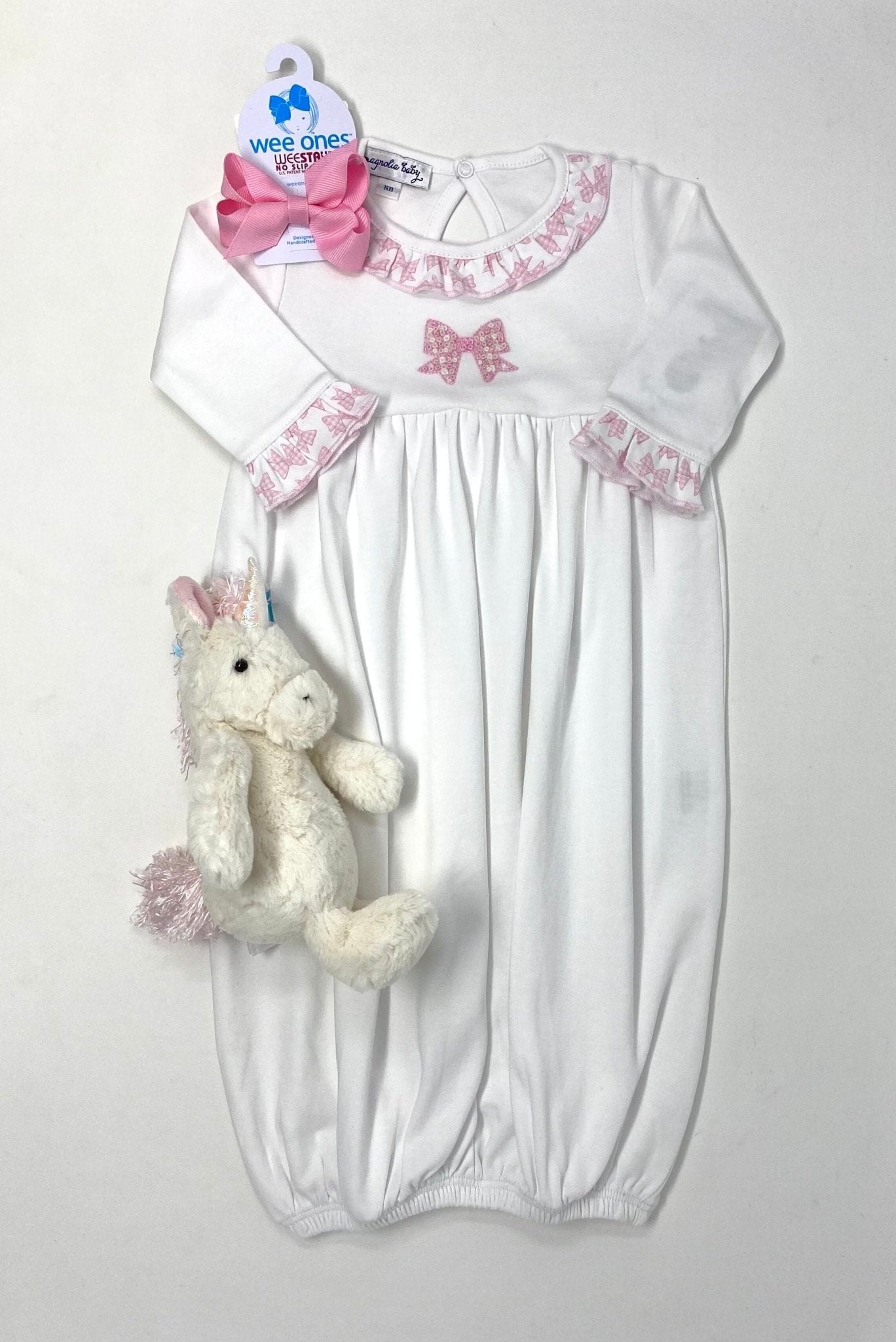 Gingham Bow Embroidered Ruffle Gathered Gown Baby Sleepwear Magnolia Baby