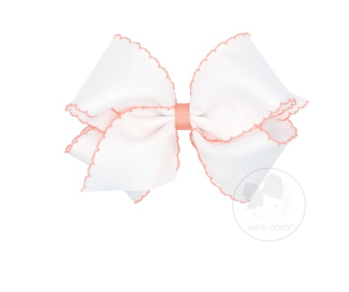 King Moonstitch Grosgrain Bow - White with Light Coral Kids Hair Accessories Wee Ones