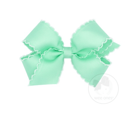 Medium Grosgrain Bow with White Moonstitch Edge - Pale Green with White Kids Hair Accessories Wee Ones