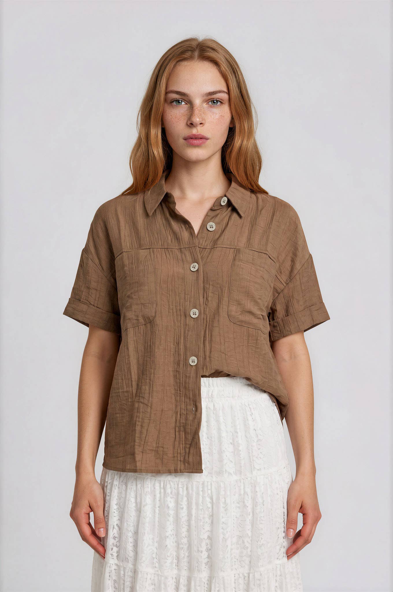 Canyon Comfort Button-Down Top - Brown Tops Blu Pepper
