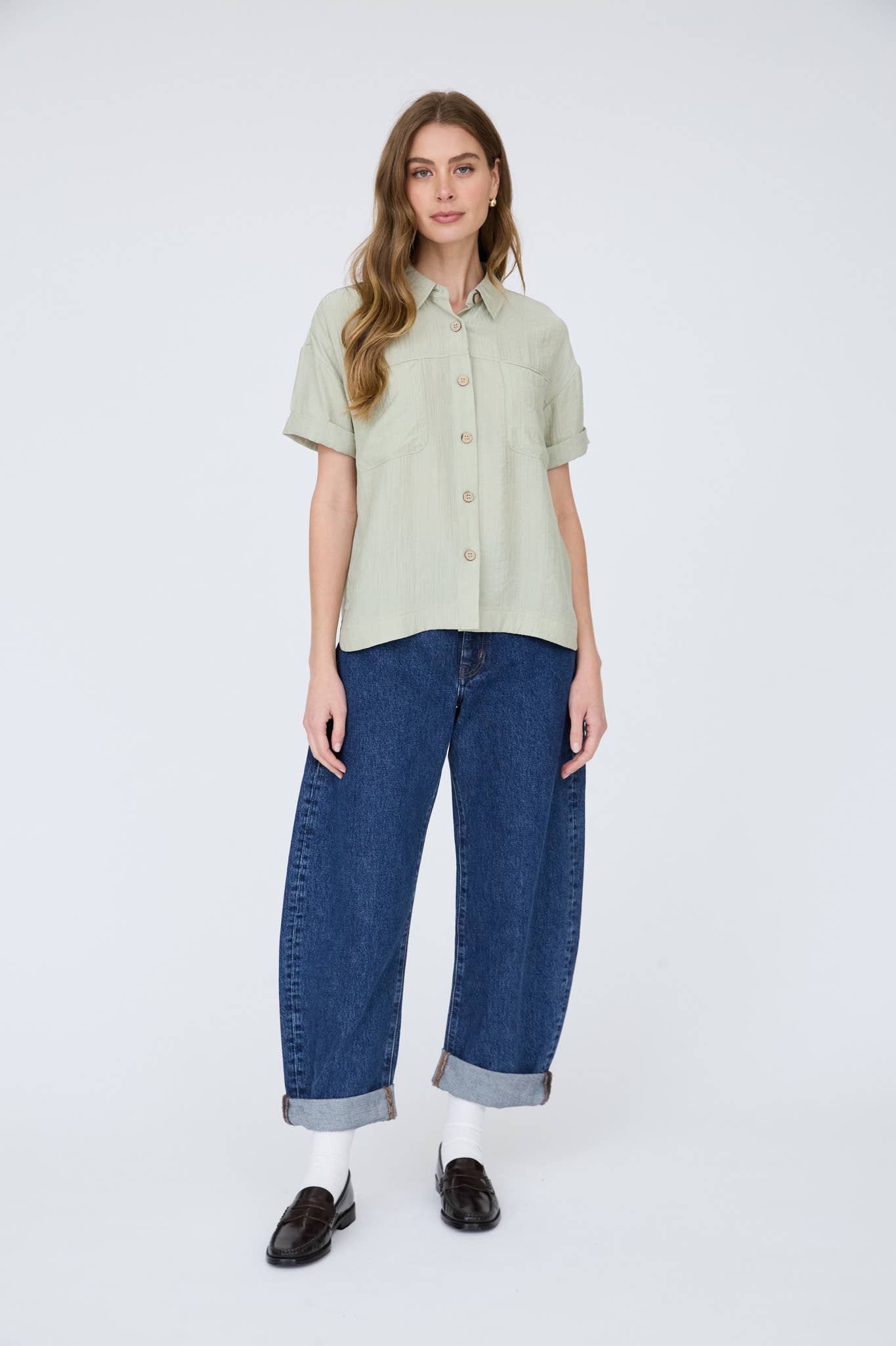 Canyon Comfort Button-Down Top - Sage Tops Blu Pepper