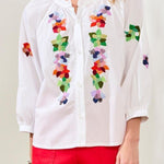 3/4 Sleeve Button Front Blouse w/ Embroidery - White Tops Tribal