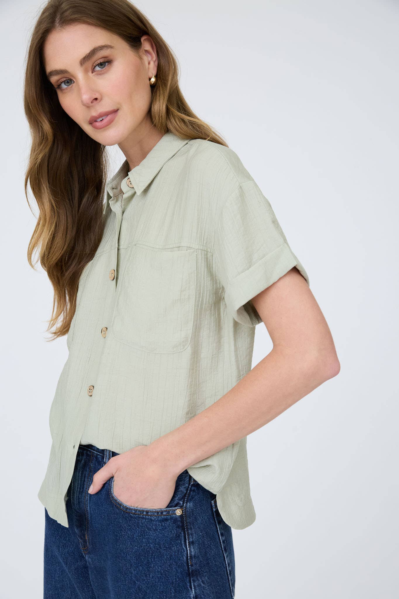 Canyon Comfort Button-Down Top - Sage Tops Blu Pepper