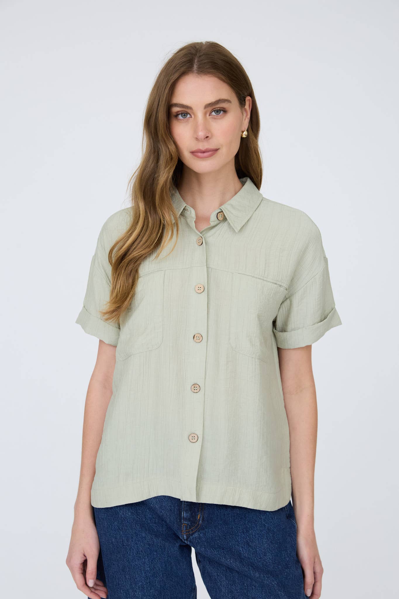 Canyon Comfort Button-Down Top - Sage Tops Blu Pepper