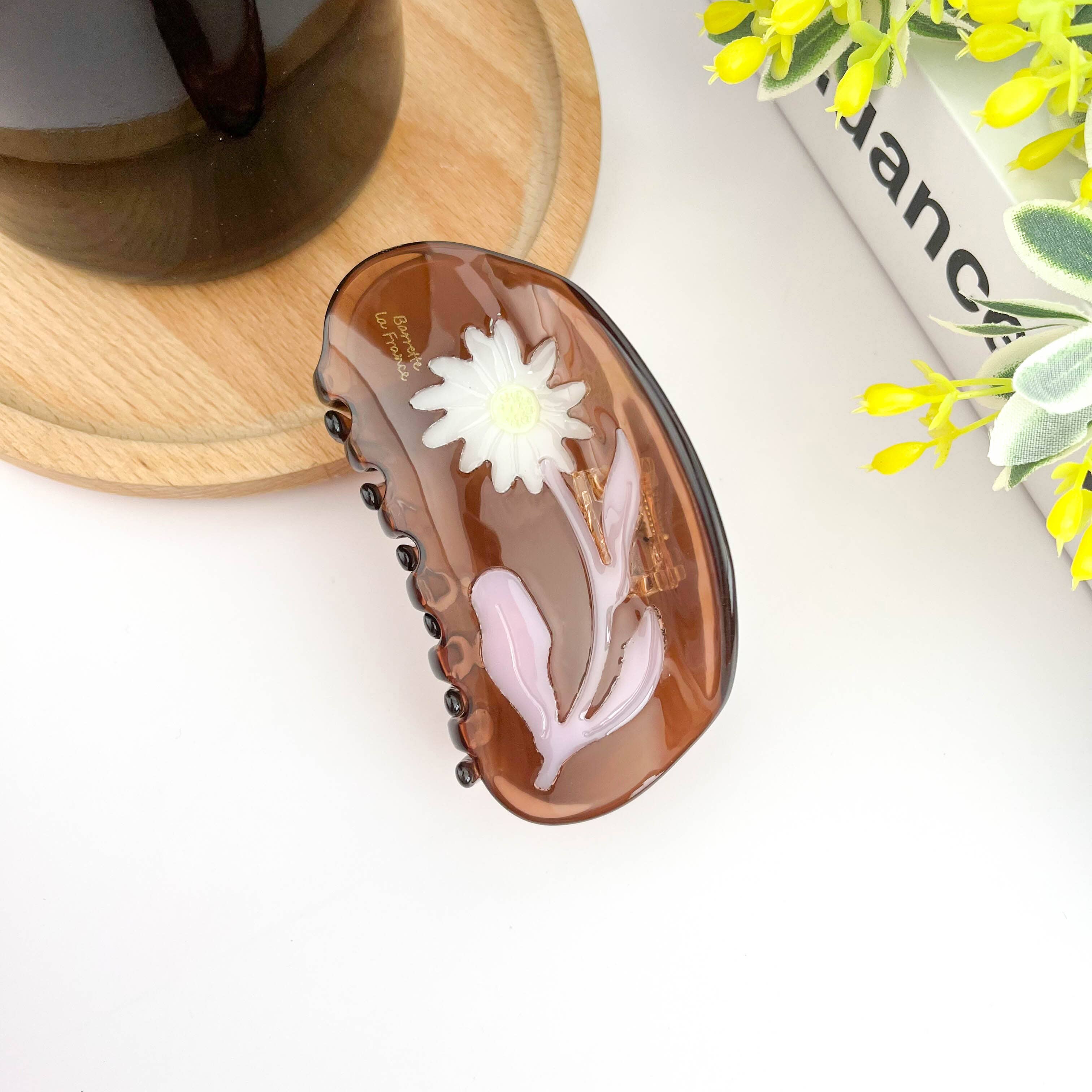 Semi-Circular Floral Hair Clip - Light Brown Hair Accessories TheDivaSoap