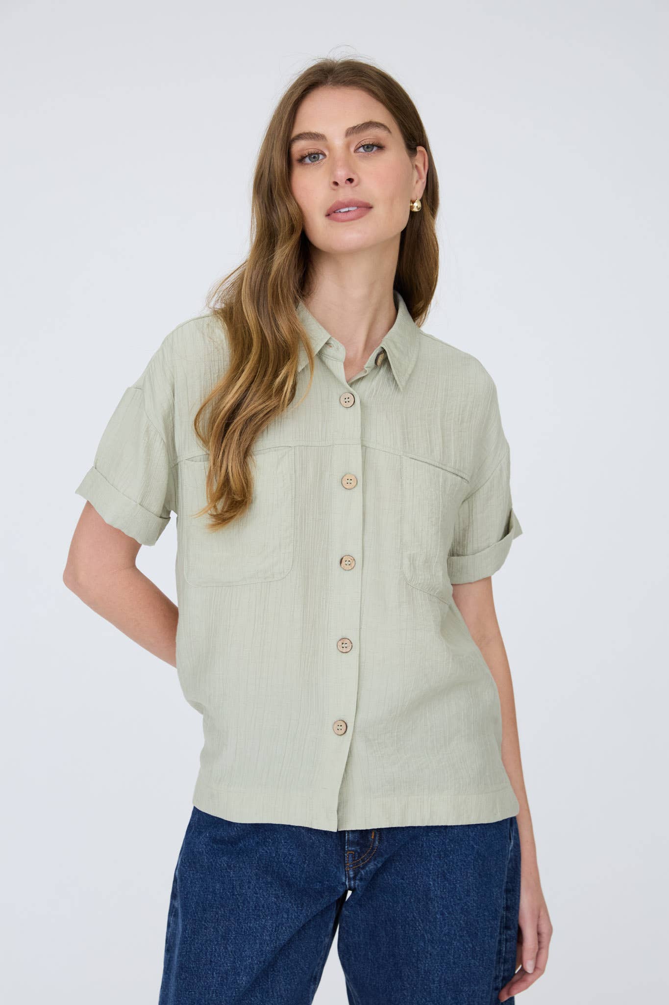 Canyon Comfort Button-Down Top - Sage Tops Blu Pepper