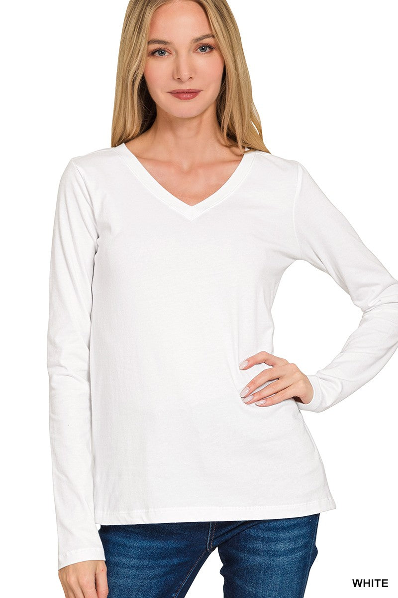 Essential L/S V-Neck Tee - White Tops Zenana