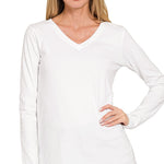 Essential L/S V-Neck Tee - White Tops Zenana