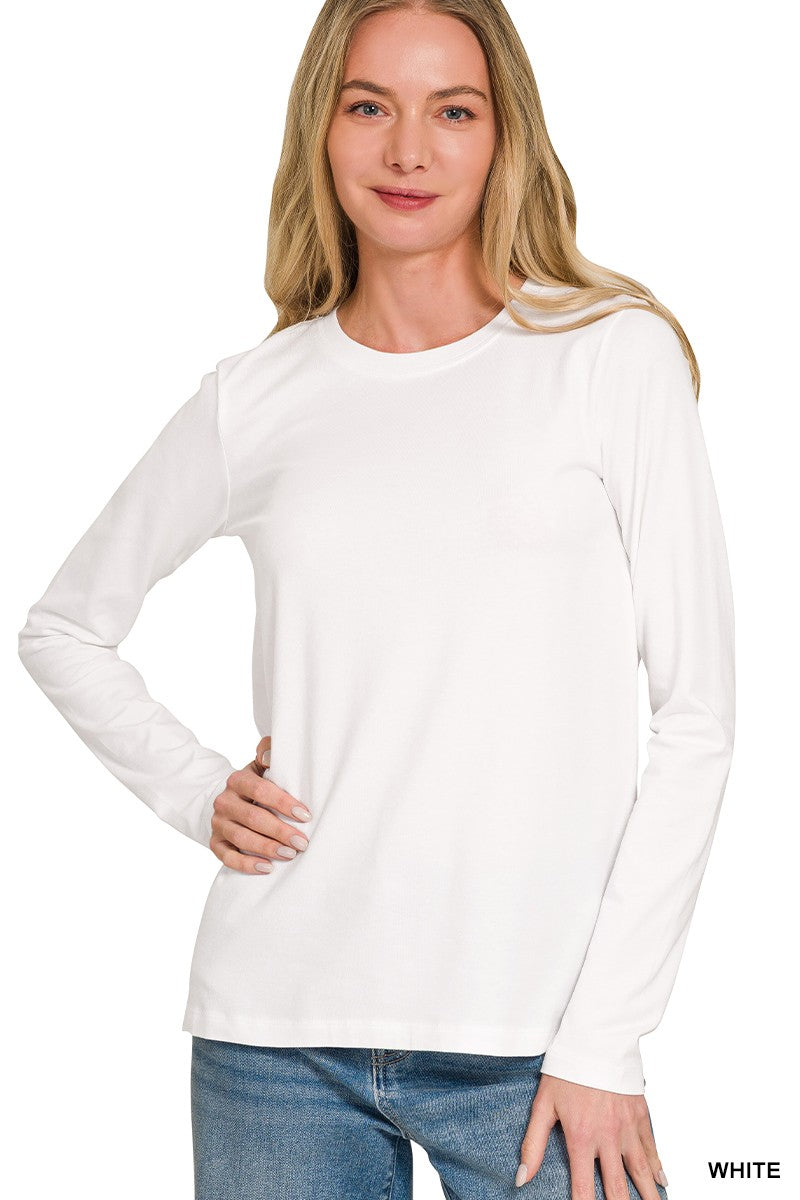 Essential L/S Crew Neck Tee - White Tops Zenana