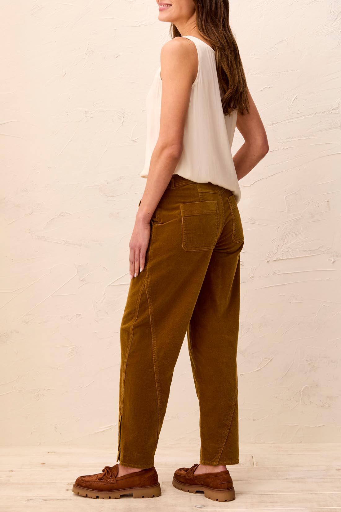 Corduroy Barrel Leg Ankle Pants - Dull Gold Jeans Tribal