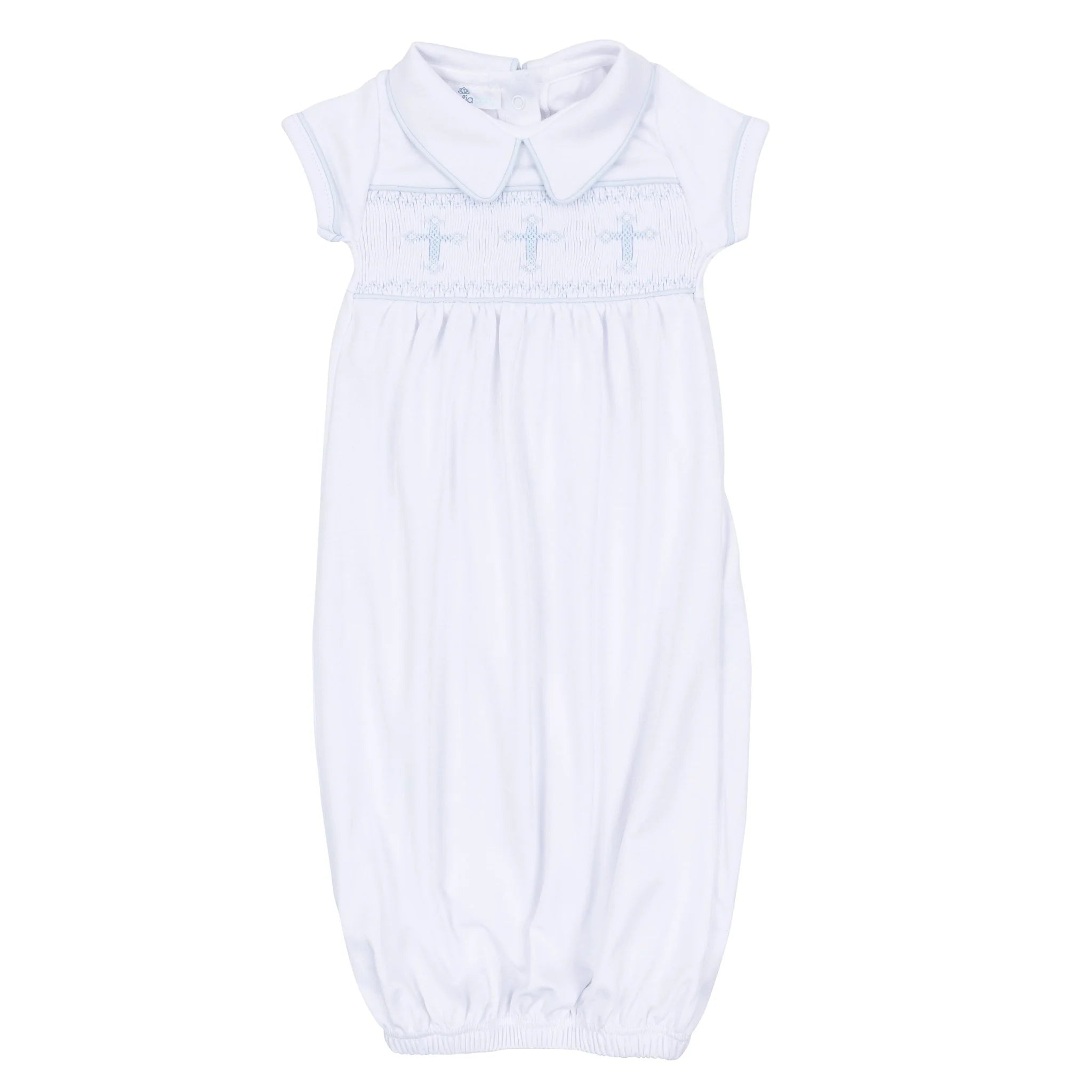 Forever Blessed Smocked Collared Gown - White/Blue Baby Sleepwear Magnolia Baby