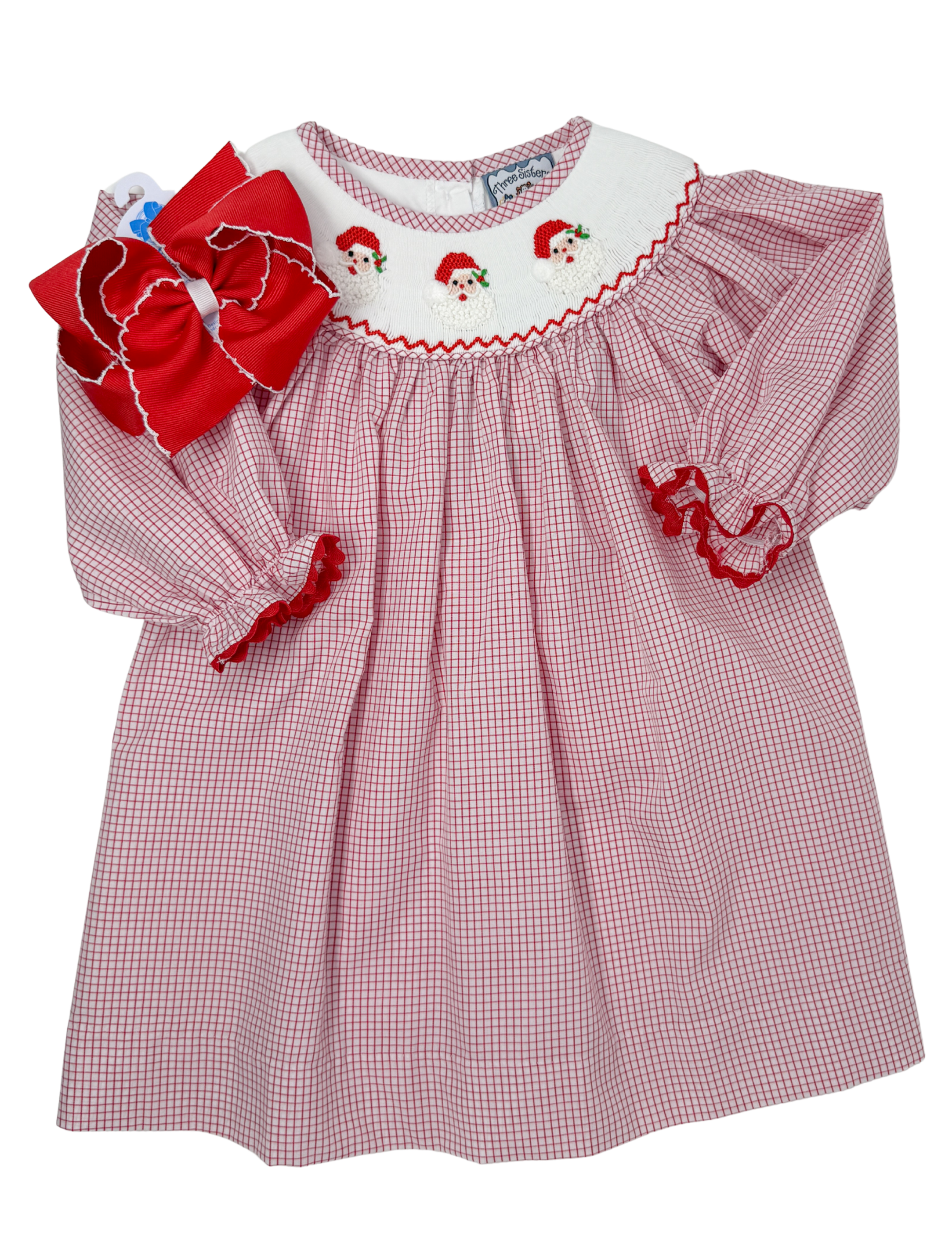 Santa Smocked L/S Bishop Dress Girls Occasion Dresses Three Sisters