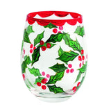 Holly Painted Wine Glass Seasonal Mudpie