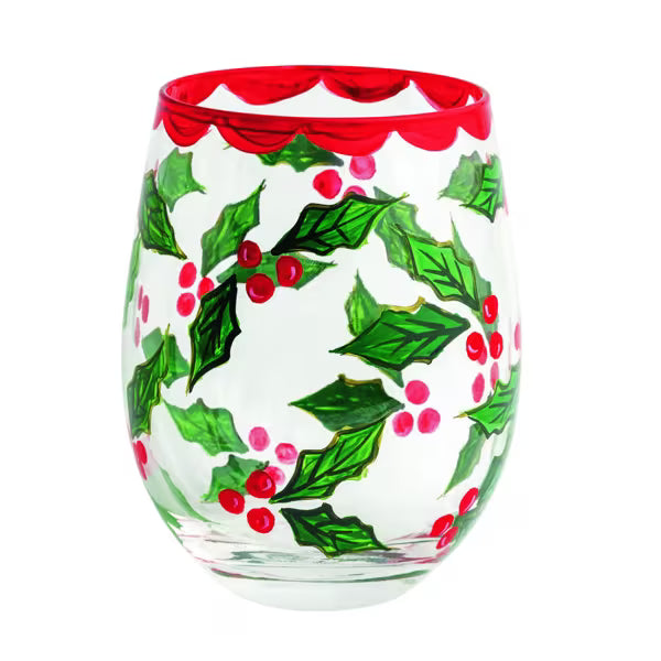 Holly Painted Wine Glass Seasonal Mudpie