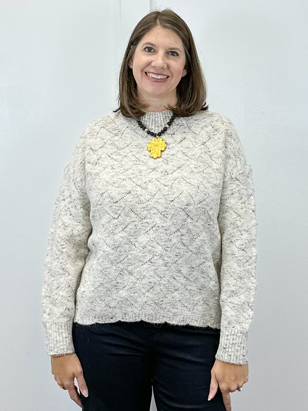 Mock Neck Puff Sleeve High Low Sweater - Cream