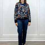 L/S Crewneck Dropped Shoulder Jacquard Sweater - Blue Multi Ikat