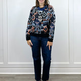 L/S Crewneck Dropped Shoulder Jacquard Sweater - Blue Multi Ikat