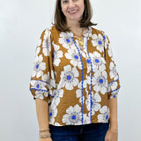 Meadow Bloom Split Neck Blouse - Chestnut Floral
