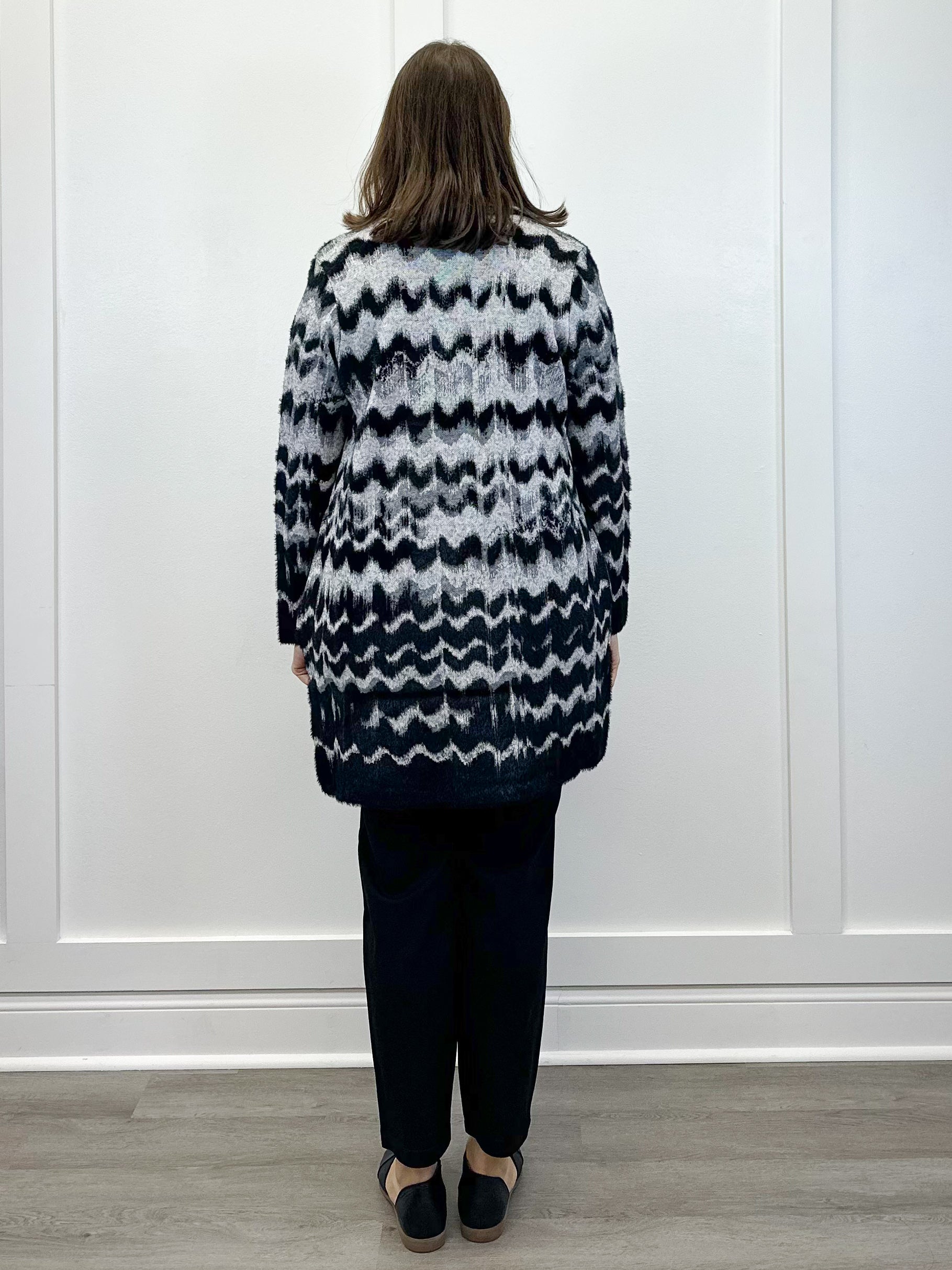 L/S Open Front Sweater Coat - Black/Gray Wavy Stripe Outerwear Liverpool