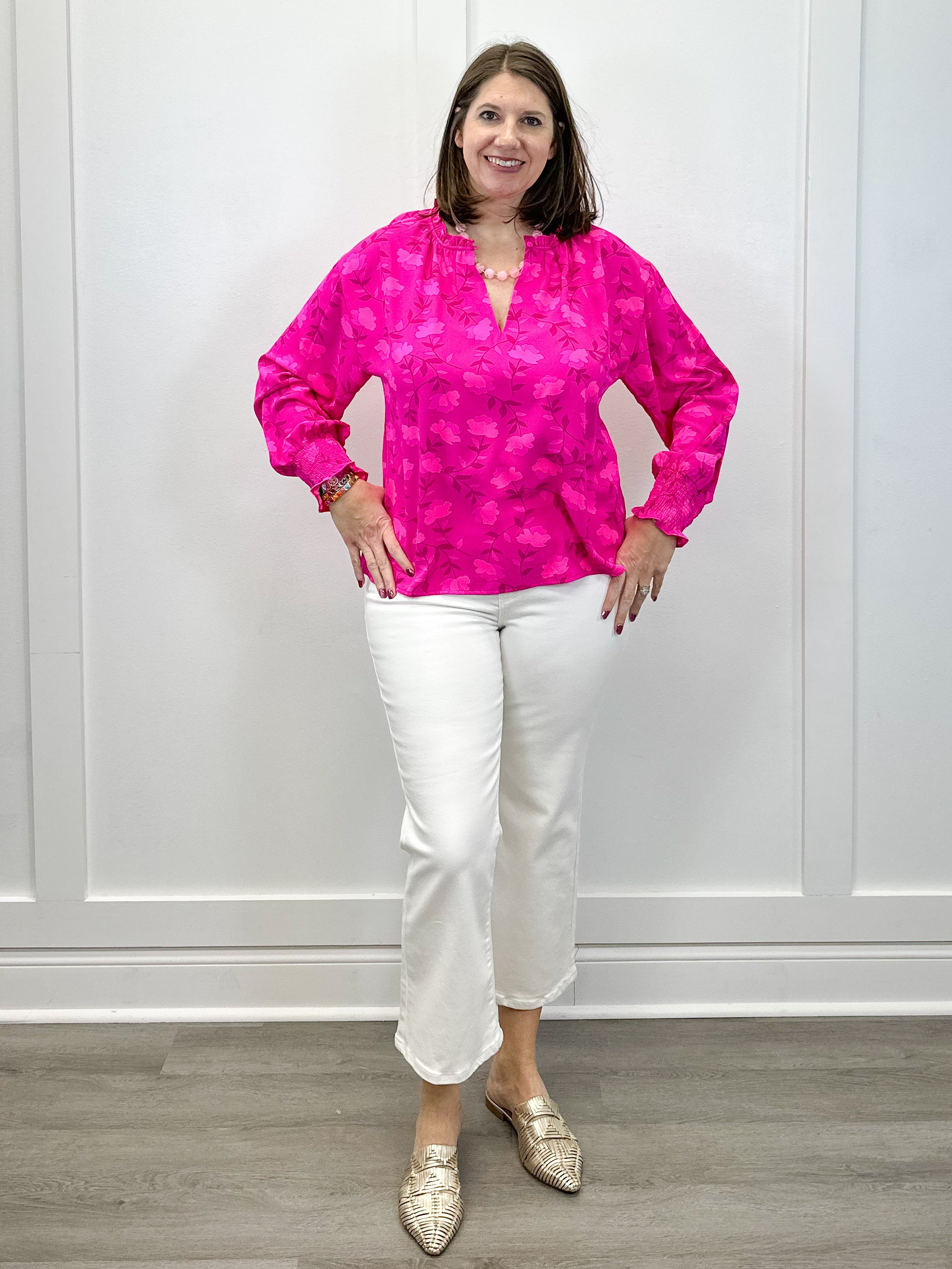Clever Floral Split Neck Blouse - Fuschia Tops Sugarlips