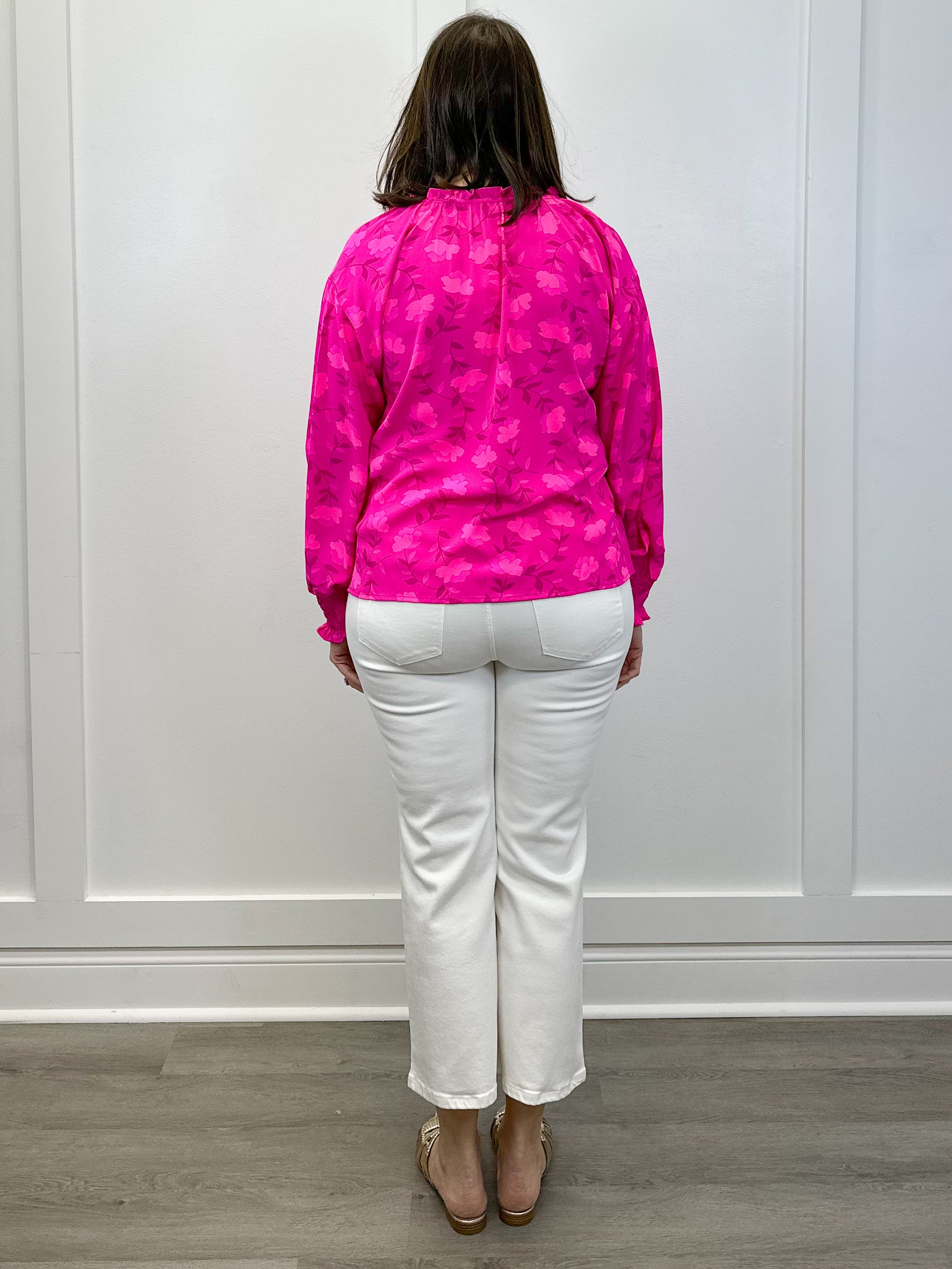 Clever Floral Split Neck Blouse - Fuschia Tops Sugarlips