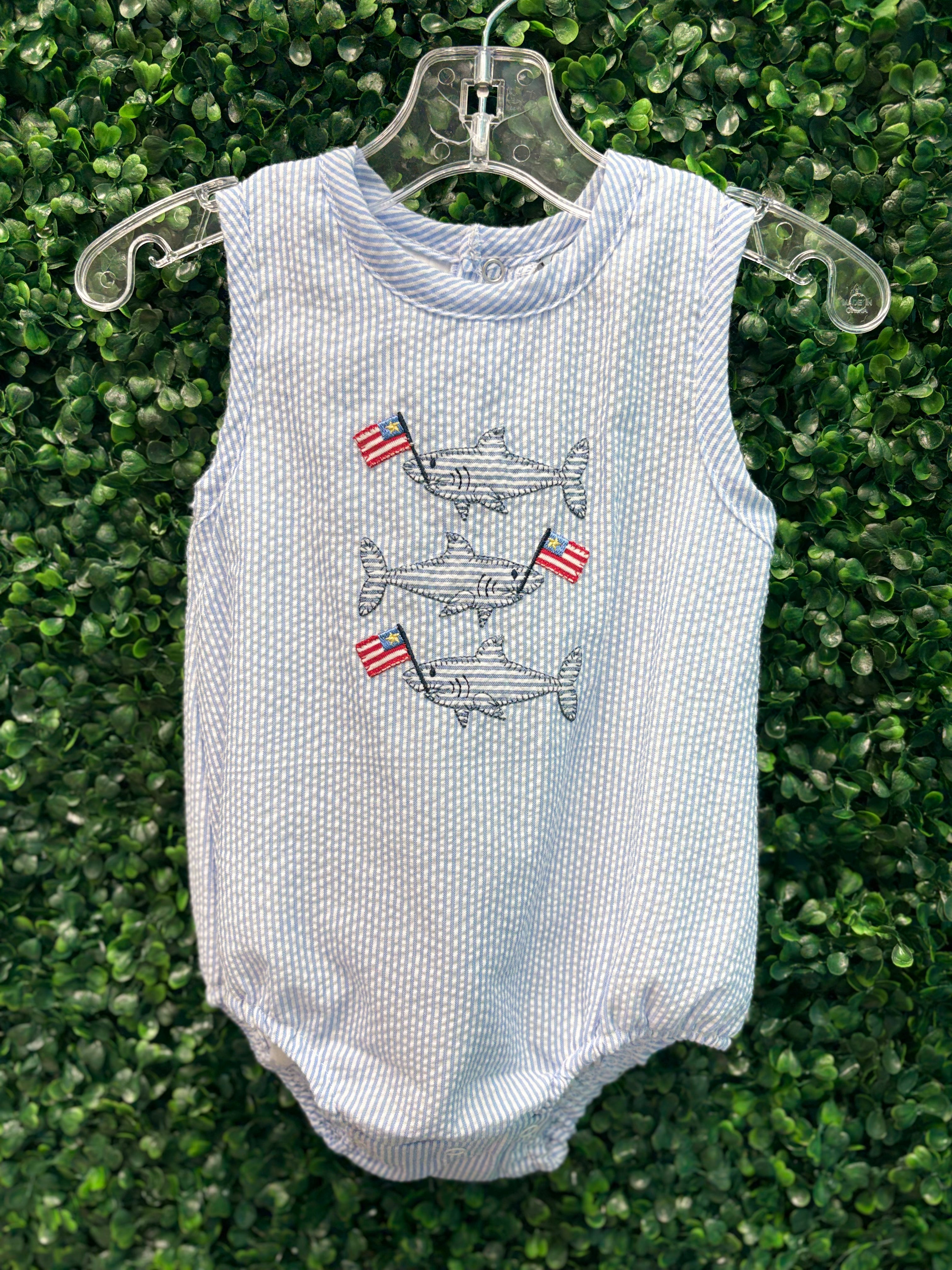 Boys Patriotic Sharks Romper Boys Bubbles + Rompers Three Sisters