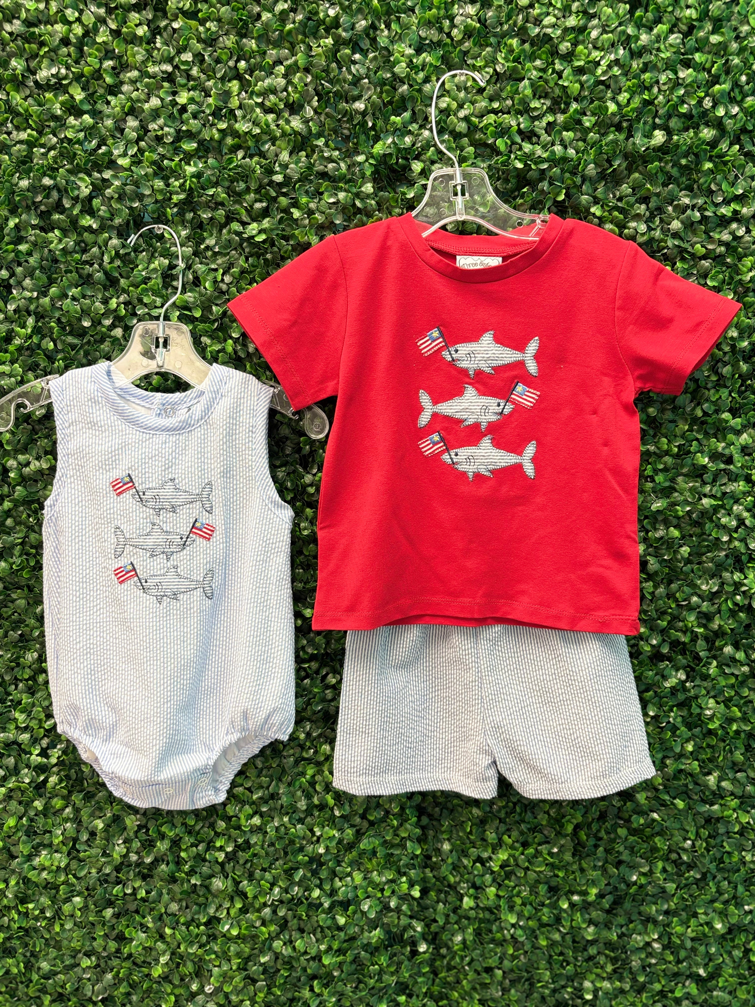Boys Patriotic Sharks Romper Boys Bubbles + Rompers Three Sisters
