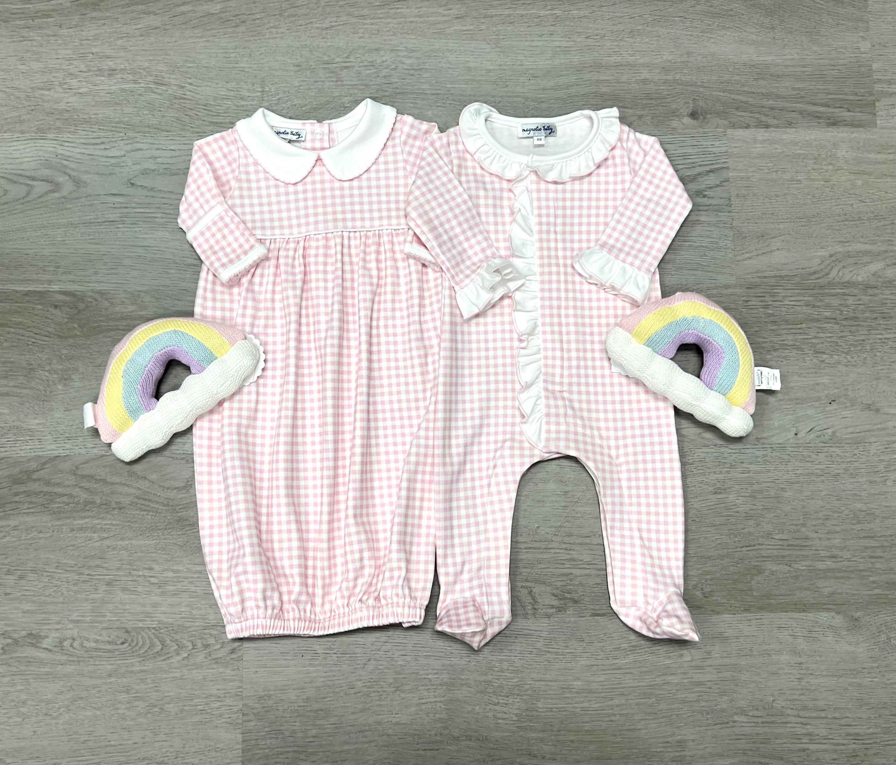 Mini Checks Collared Gathered Gown - Pink Baby Sleepwear Magnolia Baby   