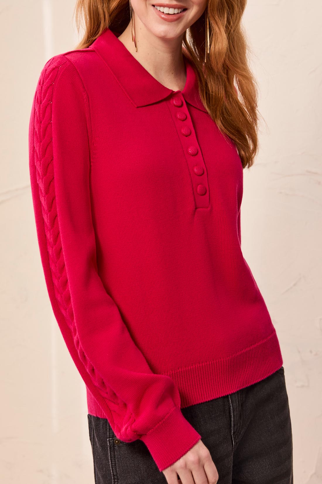 L/S Polo Sweater w/ Cables - Jazzy Sweaters Tribal