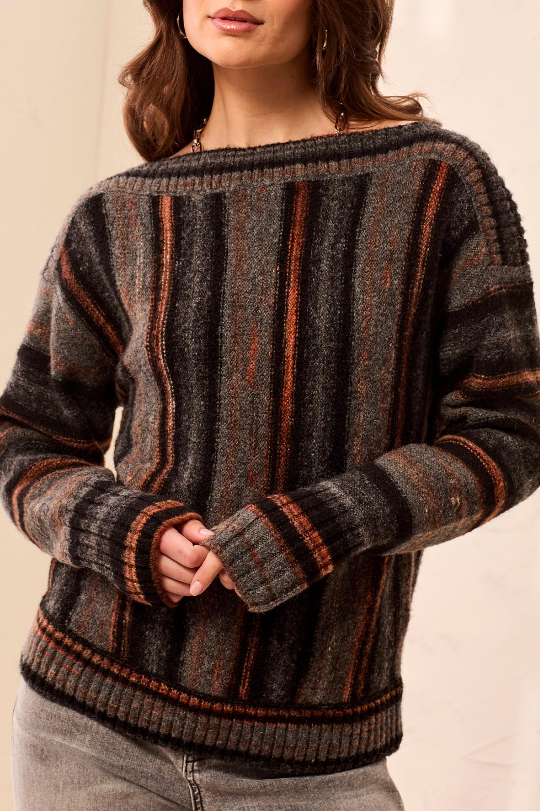 Yarn Dye Boat Neck Sweater - M Steel Sweaters Tribal