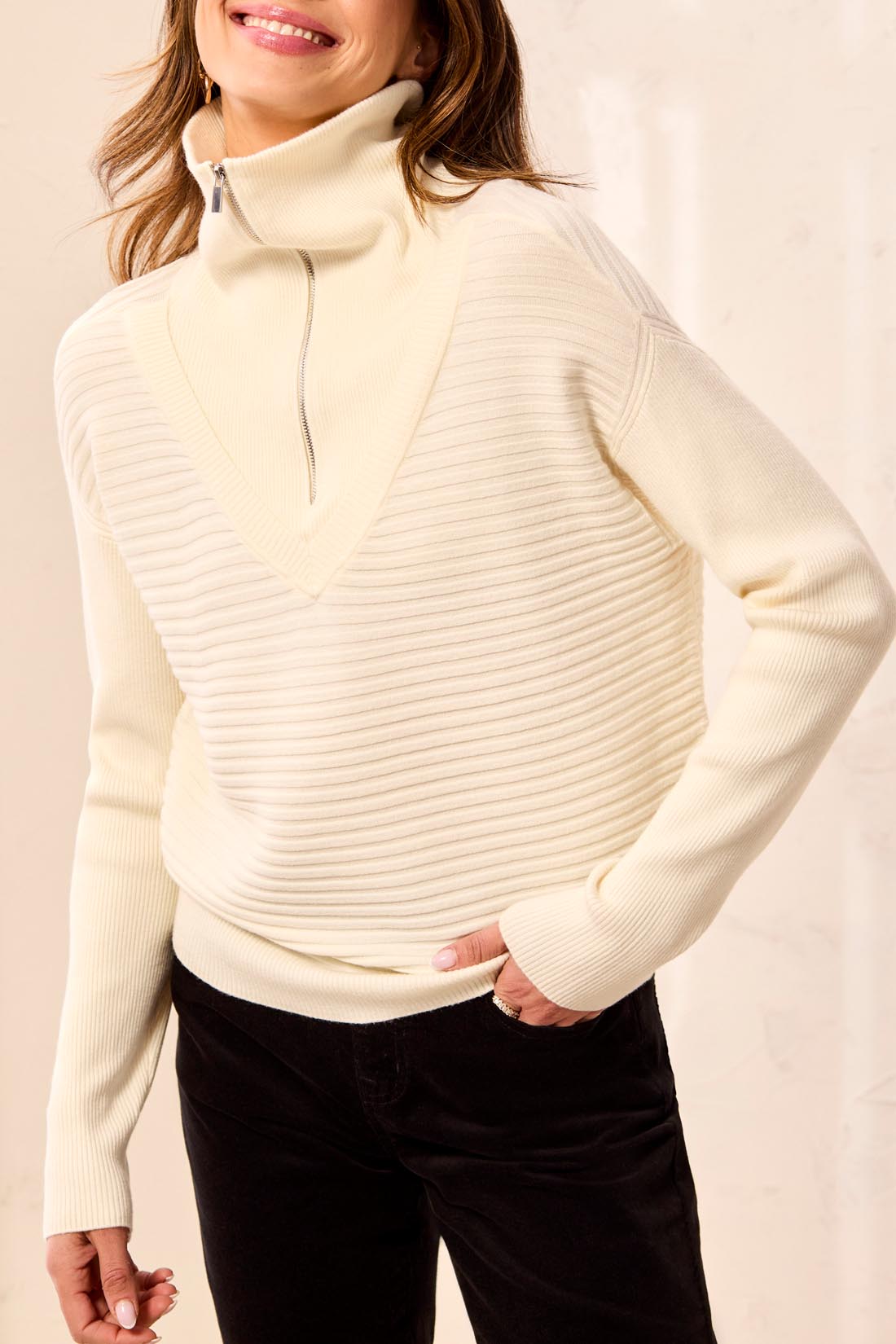 Zip Up V-Neck Sweater - Cream Sweaters Tribal