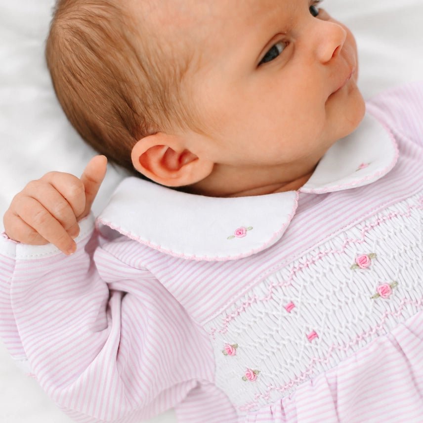 Anna Smocked Collared Footie - Pink Baby Sleepwear Magnolia Baby