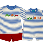 Backyard Bugs Blue Knit Stripe Romper Boys Bubbles + Rompers Claire & Charlie