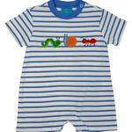 Backyard Bugs Blue Knit Stripe Romper Boys Bubbles + Rompers Claire & Charlie