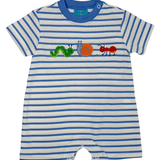 Backyard Bugs Blue Knit Stripe Romper Boys Bubbles + Rompers Claire & Charlie